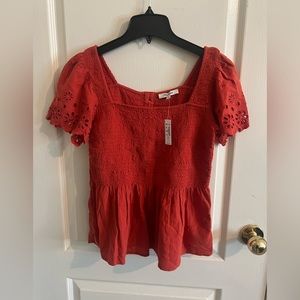Small NWT Madewell Eyelet Sleeve Lucie Smocked Peplum